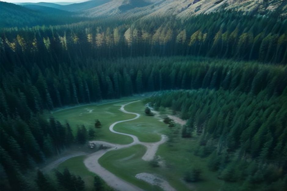 Aerial view of an RV campground and campsites among pine forest beside a lake at golden hour
