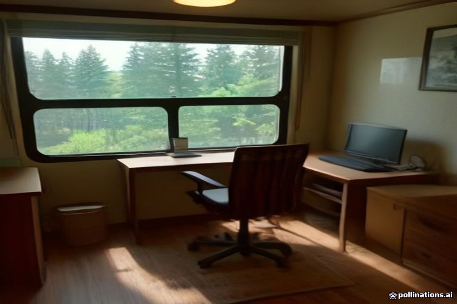 Cozy campground office interior with a computer showing a booking calendar, wooden desk, window view of RV park and pine trees