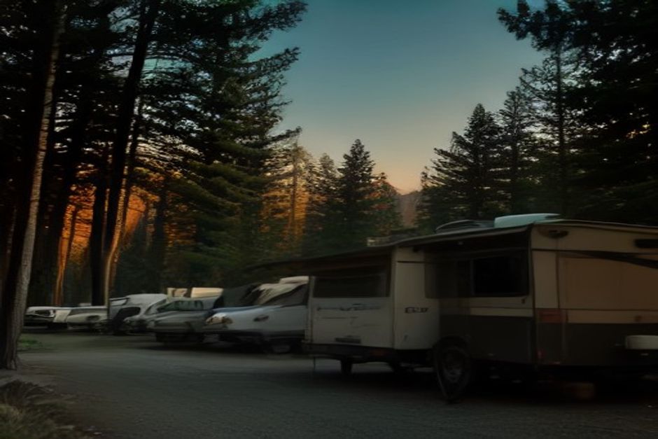 RV park at golden hour with motorhomes among pine trees