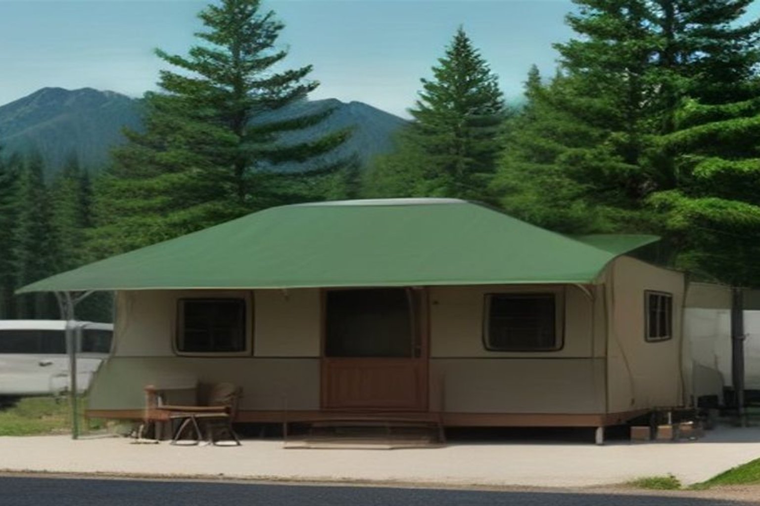 RV trailer with awning parked at a wooded campsite with mountains in the background