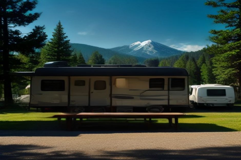 RV park at golden hour with motorhomes among tall pines and a laptop and phone on a picnic table